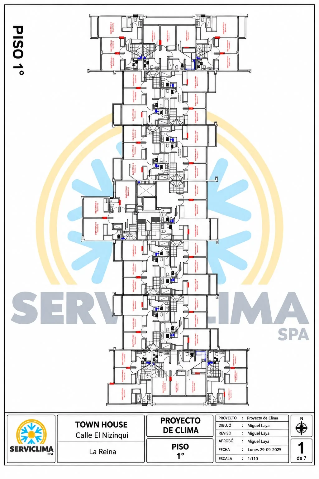 Plano del proyecto de clima de Serviclima para un Town House en La Reina, piso 1, lámina 1 de 7, con la ubicación de cada equipo